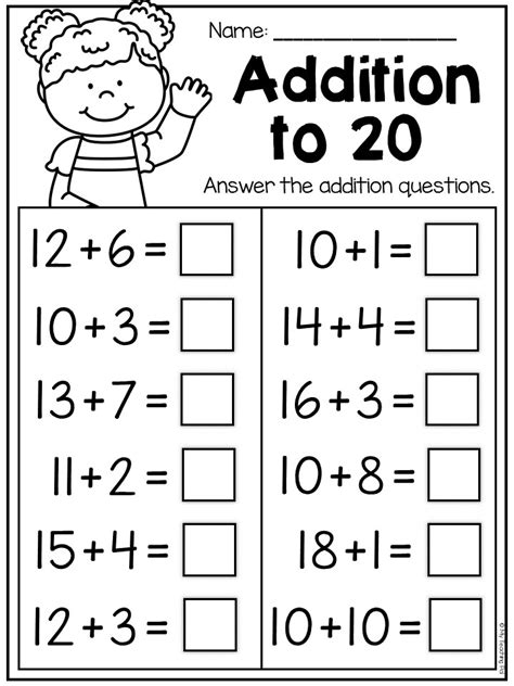 Addition within 20 Worksheets (First Grade, printable).